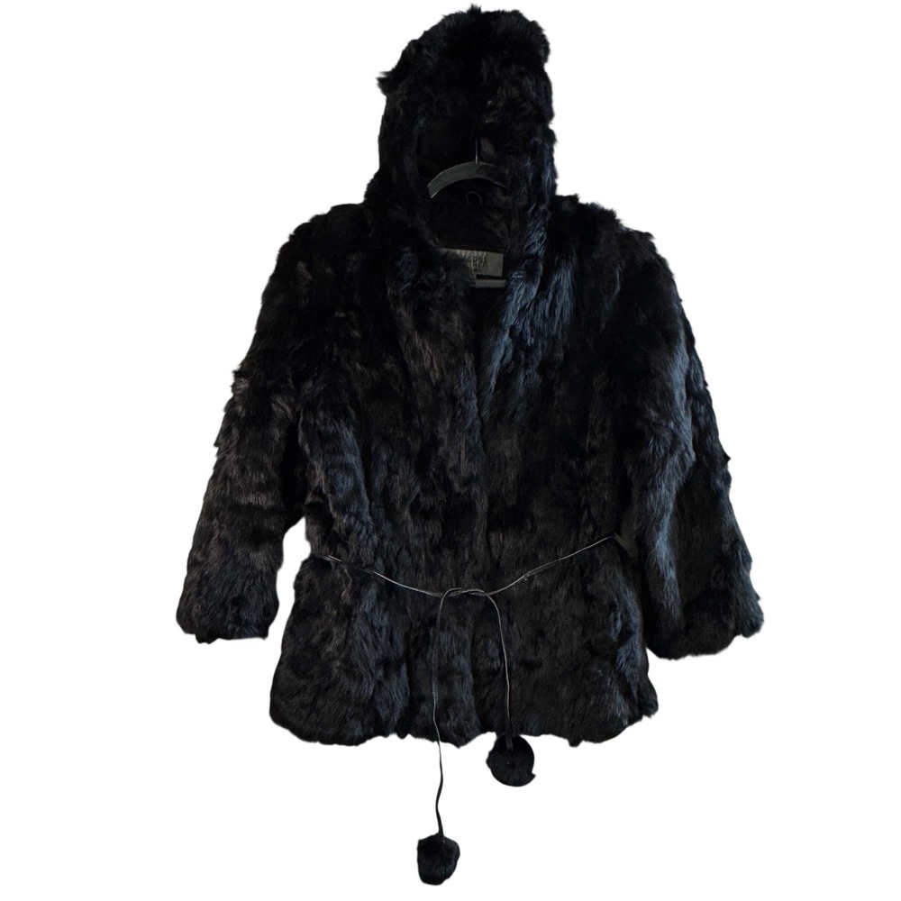 Wilsons Leather Maxima Genuine Fur Coat Hooded Black Belted Pom Luxury‎ Small